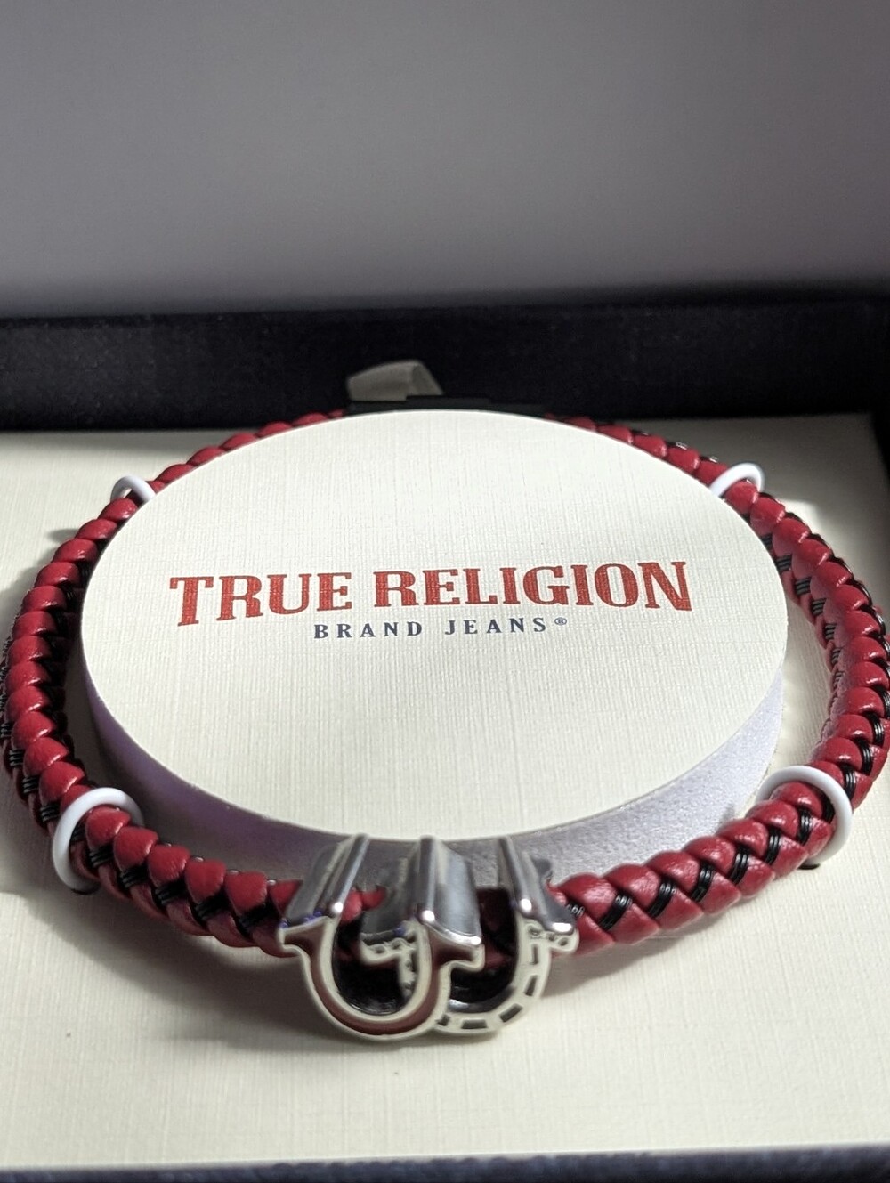 True Religion Men’s Braided Burgundy Bracelet with Stainless Steel Accents